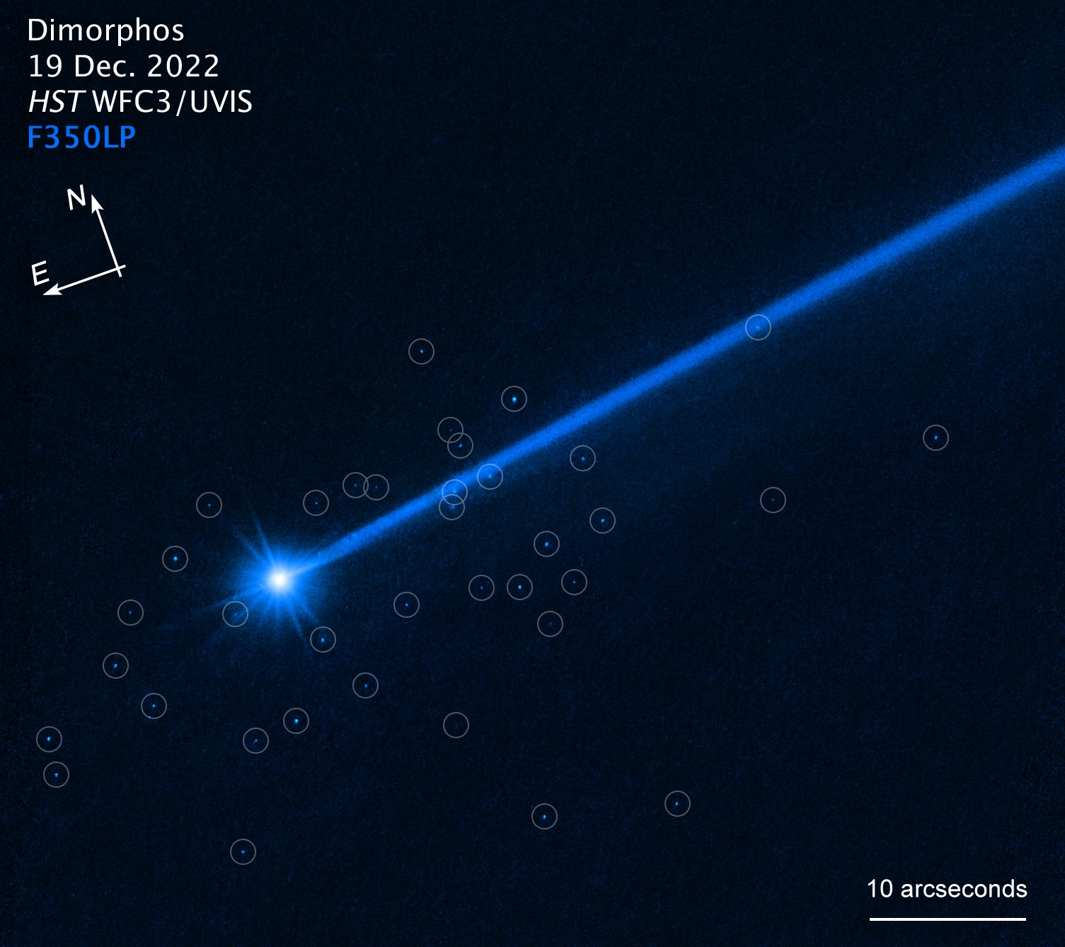 HUBBLE TELESCOPE Hubble sees boulders escaping from asteroid Dimorphos (annotated)